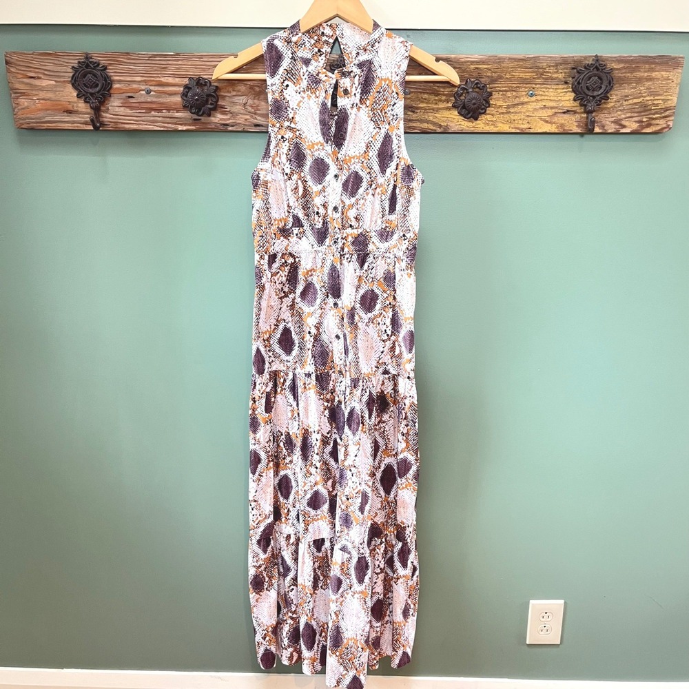 Maeve Anthropologie Snakeskin Print Tiered‎ Cotton Maxi Dress Brown Ochre 6P